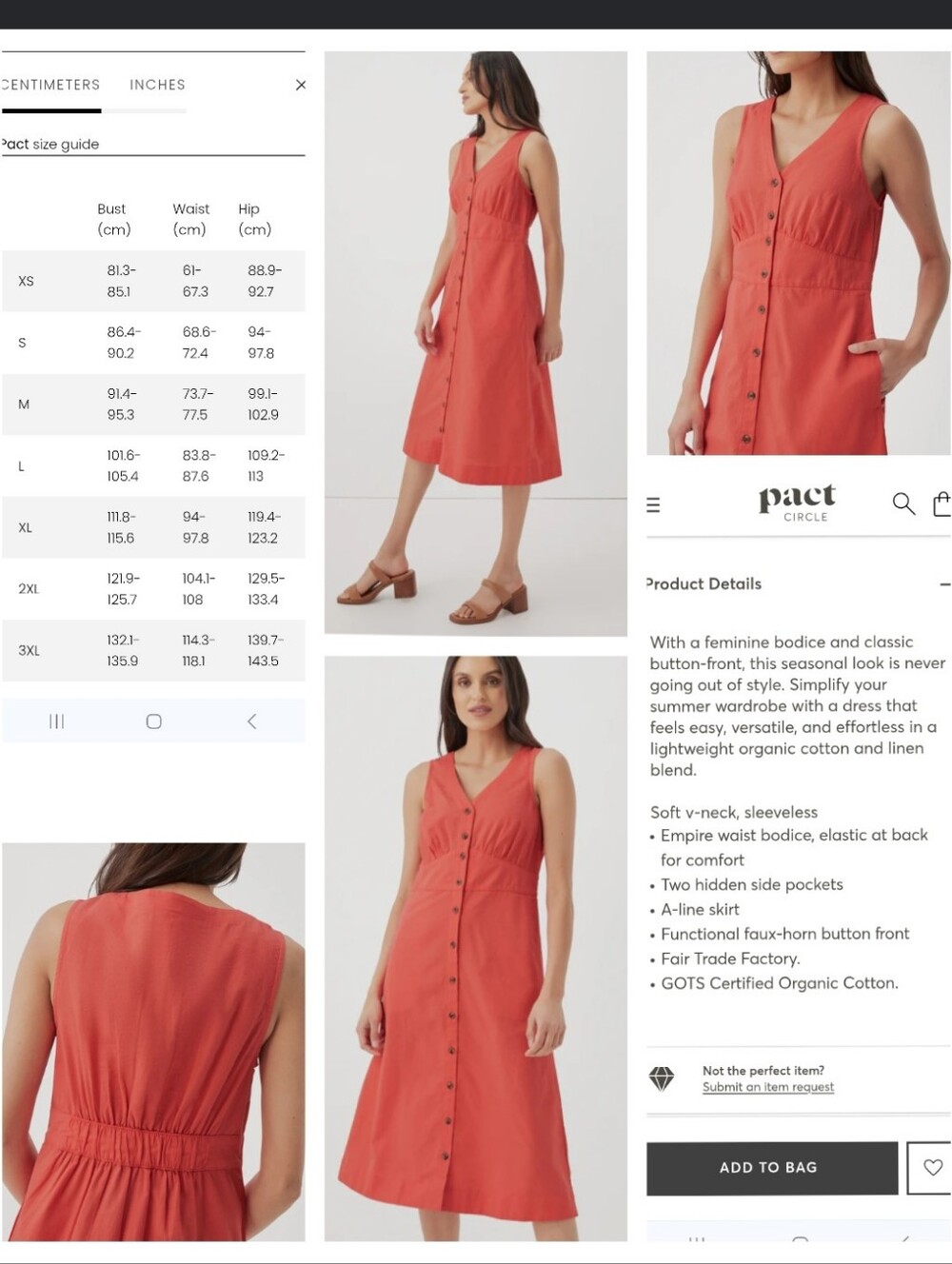 Pact Organic Cotton Linen Canopy Button Front Dress Coral Orange - Picture 17 of 17